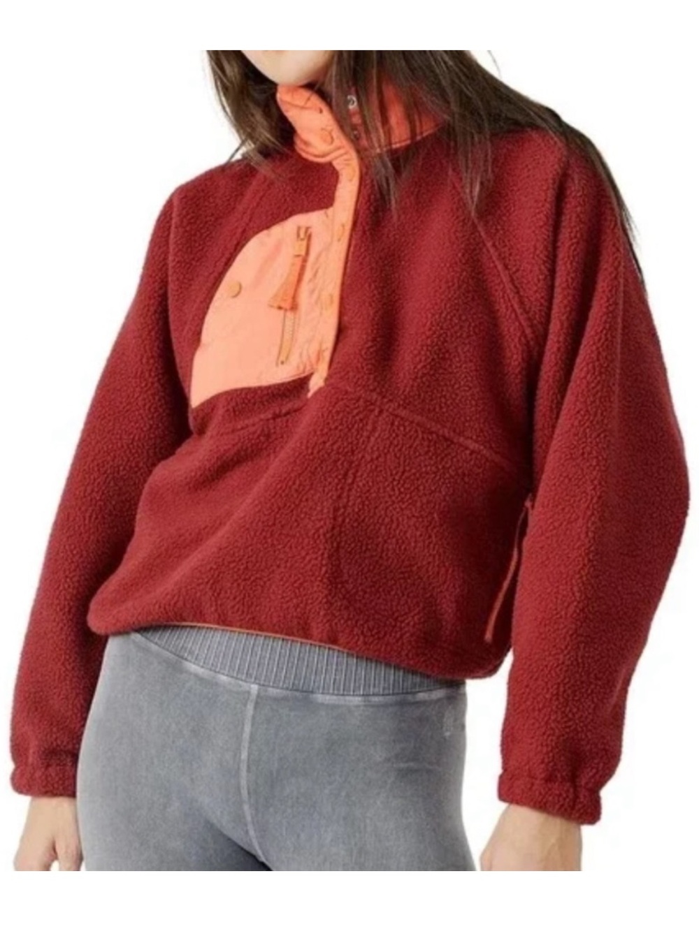 NWT Free People Hit the Slopes Pullover Snap Fleece in Dark Red / Orange - M